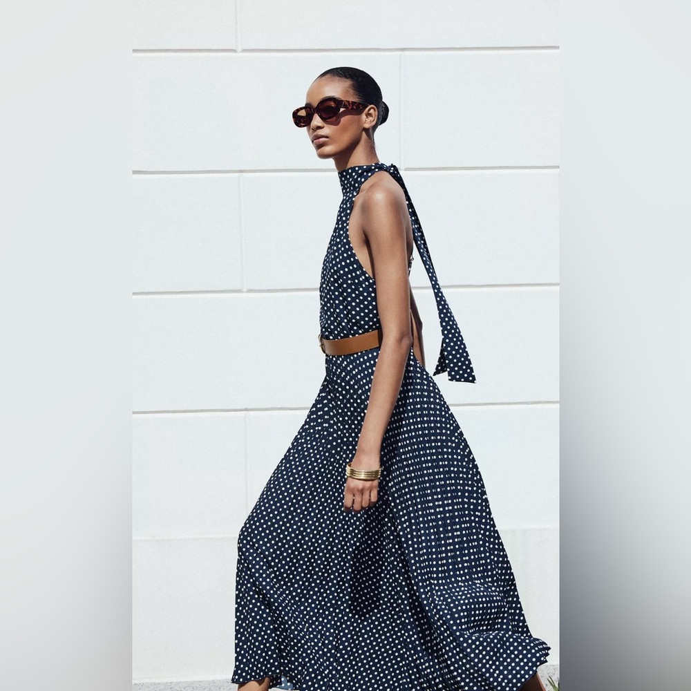 NWT Zara Women’s Polka Dot Midi Halter Dress Blue & White Belted XS 3555 - Picture 3 of 12
